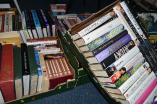 SIX BOXES OF BOOKS containing over 160 miscellaneous titles in hardback and paperback formats,