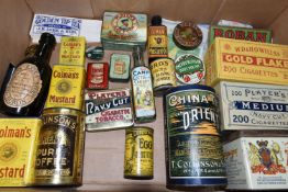ONE BOX OF VINTAGE ADVERTISING TINS AND PACKAGING, to include a full tin of T. Collinson & Sons Ltd.
