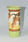 A CLARICE CLIFF 'ALTON' PATTERN VASE, of cylindrical form with flared rim, painted with a stylised