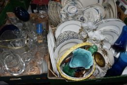 THREE BOXES OF CERAMICS AND GLASS WARES ETC, to include white Doulton & Co dinner wares with a