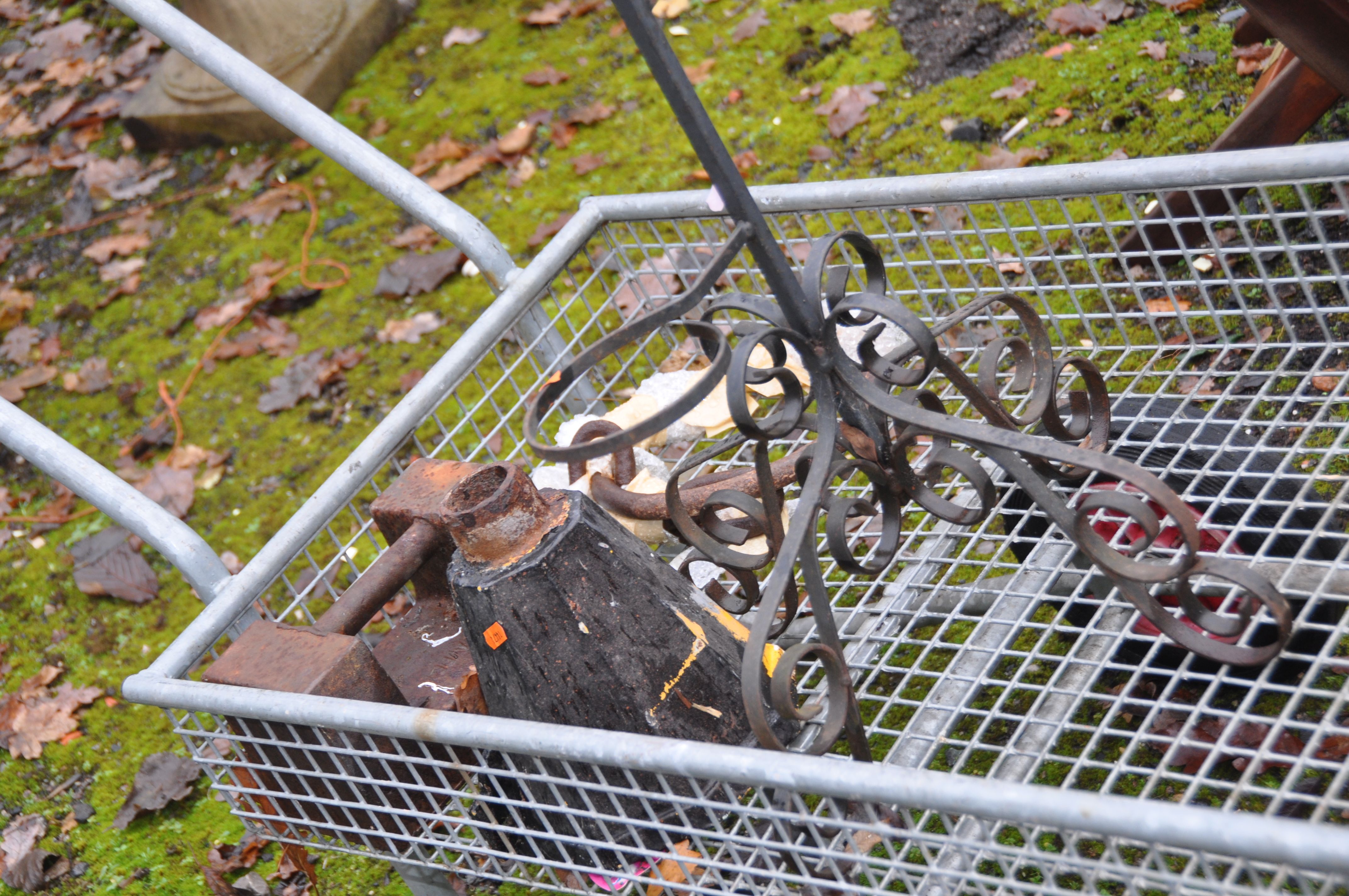 A GALVANISED STEEL GARDEN TROLLEY (basket length 100cm) a wrought iron plant stand, a vintage rain - Image 2 of 2