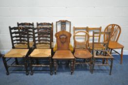 A SELECTION OF VARIOUS CHAIRS, to include a set of four oak rush seated ladder back chairs, a