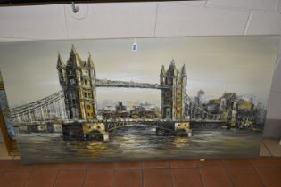 THREE DECORATIVE OIL PAINTINGS, comprising an unsigned view of Tower Bridge in London, has a shop