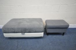 A GREY FABRIC AND CREAM LEATHERETTE FOOTSTOOL, with a hinged storage compartment, width 106cm x