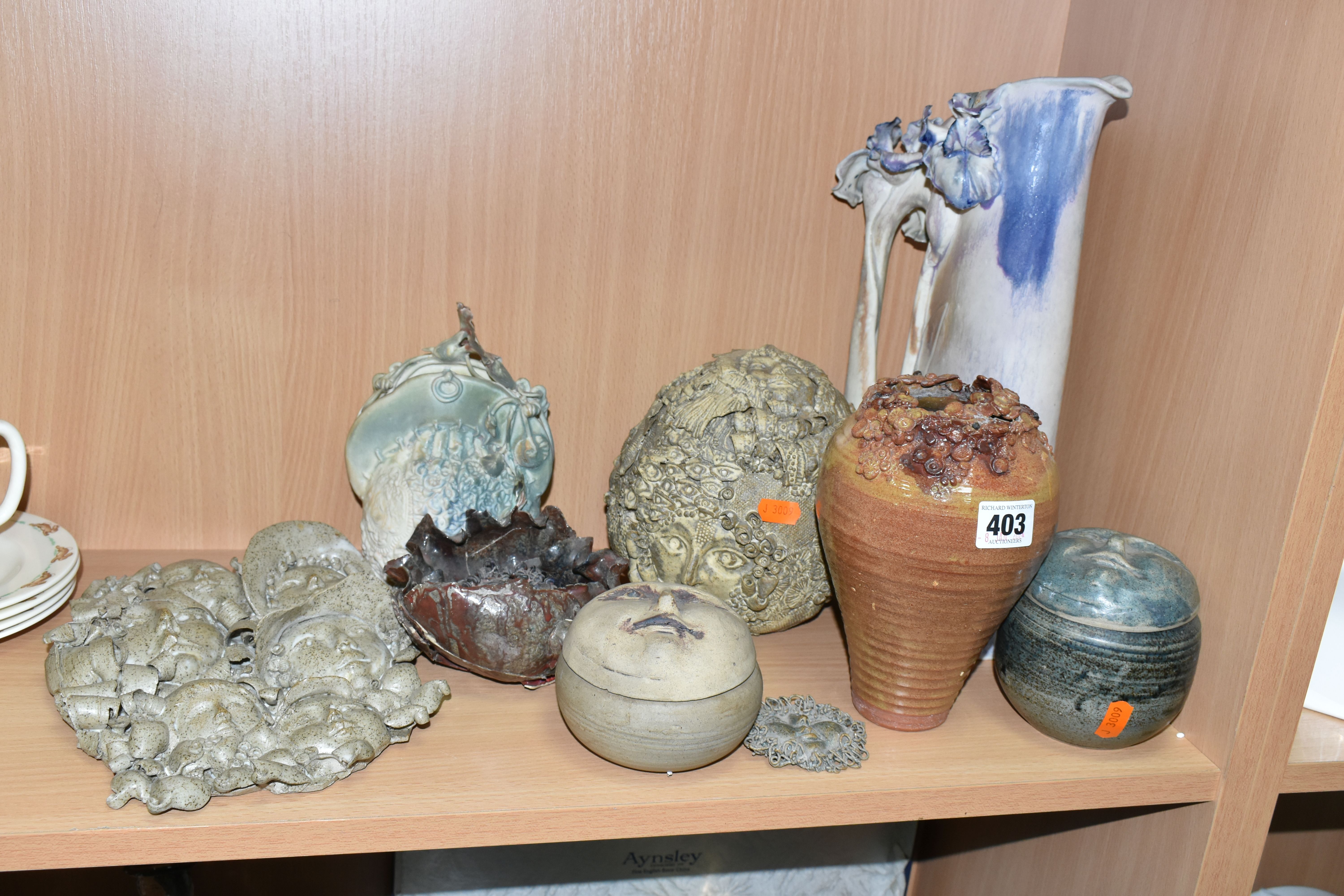 A COLLECTION OF ELAINE HIND STUDIO POTTERY AND SIMILAR, comprising 'Moon' lidded pots, a 'Sun'