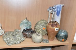 A COLLECTION OF ELAINE HIND STUDIO POTTERY AND SIMILAR, comprising 'Moon' lidded pots, a 'Sun'