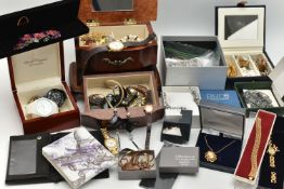 A BOX OF ASSORTED COSTUME JEWELLERY, to include a white metal Celtic pattern brooch, stamped 925,