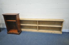 A LOW PINE SIDE BY SIDE OPEN BOOKCASE, width 216cm x depth 23cm x height 64cm, along with a small