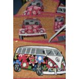 SEVEN VOLKSWAGON THEMED DOORMATS IN AS NEW CONDITION, decorated with either a VW Beetle or VW camper