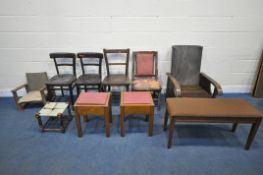 A SELECTION OF CHAIRS AND STOOLS, to include a 20th century reclining armchair, a pair of chairs,