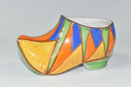 A CLARICE CLIFF SABOT/CLOG, from her Bizarre range, painted with an abstract geometric design,