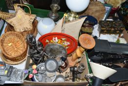THREE BOXES AND LOOSE TREEN, METAL WARES, BINOCULARS AND SUNDRY ITEMS, to include a pewter porringer