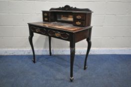 A LATE VICTORIAN MAHOGANY LADIES WRITING DESK, the raised back with four drawers flanking a