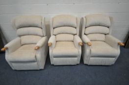 THREE BEIGE ARMCHAIRS, to include a HSL electric rise and recline armchair, width 75cm x depth
