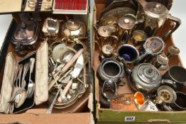 TWO BOXES OF ASSORTED WHITE METAL WARE, to include teapots, coffee pots, sugar bowls, milk jugs,