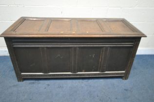 A GEORGIAN OAK PANELLED COFFER, with hinged lid, length 157cm x depth 63cm x height 71cm (