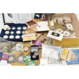 A CARDBOARD BOX OF MIXED COINS, to include a bag of mixed silver content coins approximately 750