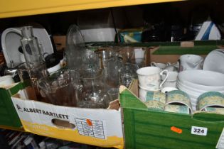 FIVE BOXES OF KITCHENWARE, to include a Breville electric iron, dinnerware, tea ware, clear glass