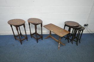 TWO 20TH CENTURY OAK OVAL BARLEY TWIST OCCASIONAL TABLE, with wavy edges, a rectangular occasional