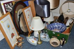 A BOX AND LOOSE CERAMICS, PICTURES, LAMPS AND SUNDRY ITEMS, to include Honiton pottery animal