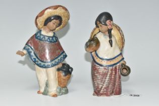 TWO LLADRO GRES FIGURES, comprising 'Pepita with Sombrero', No. 2140 and 'Pedro with Jug', no. 2141,