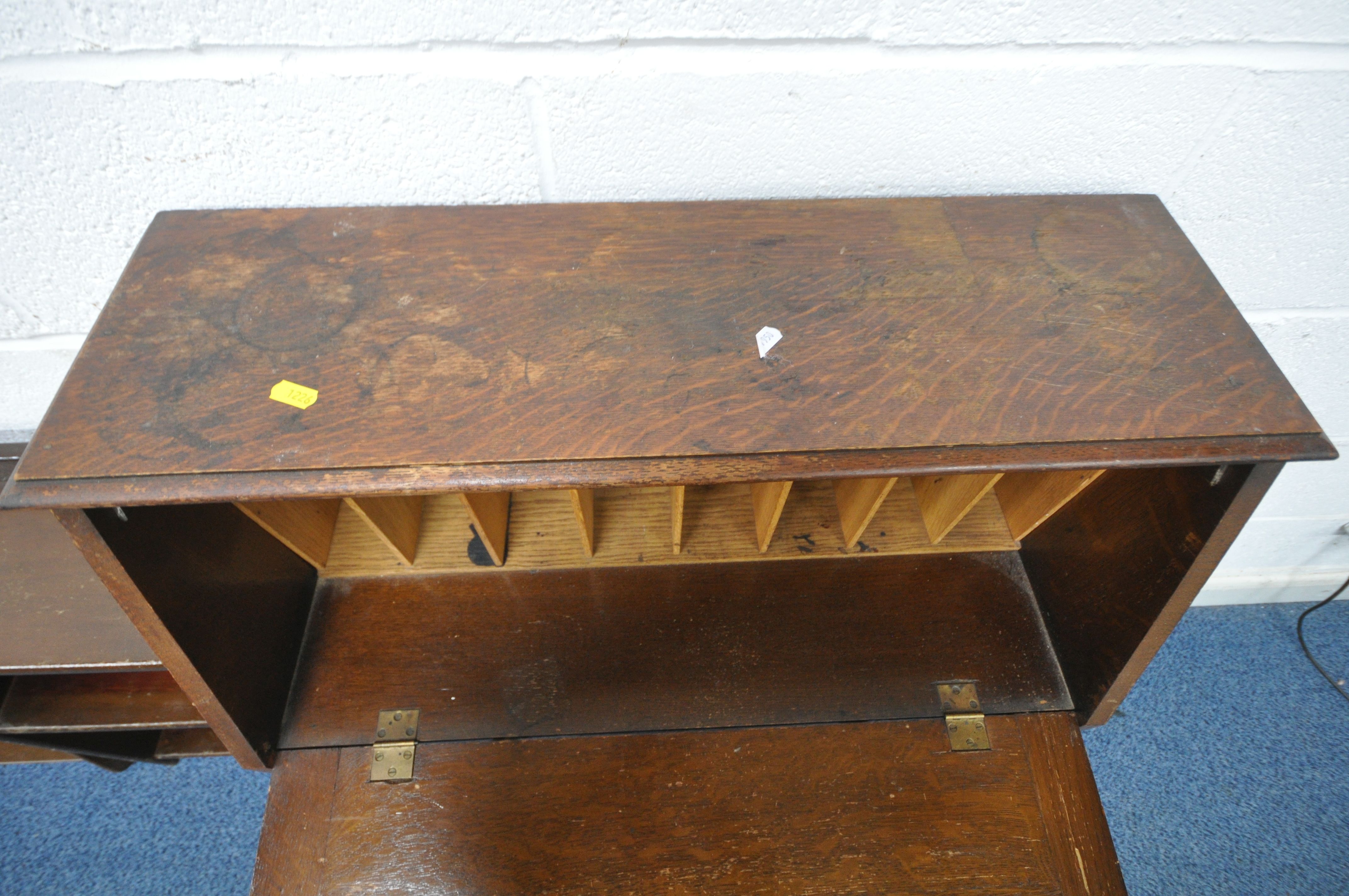 A 20TH CENTURY OAK STUDENT BUREAU, the fall front door enclosing a fitted interior, above and single - Image 4 of 5