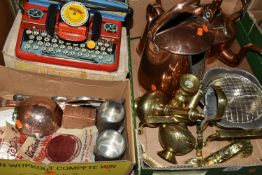 TWO BOXES OF METALWARE AND FIVE FRAMED PRINTS, to include a boxed tinplate Mettype Junior toy