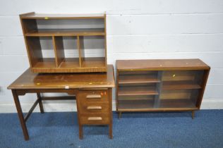 A 20TH CENTURY ABBESS OAK DESK, with brushing slide and three drawers, width 107cm x depth 60cm x