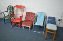 A RED PAINTED ROCKING CHAIR, a green painted wheel back carver chair, a nursing chair, a pair of
