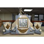 A FRENCH ART DECO CLOCK GARNITURE, grey and beige marble & onyx three piece clock garniture,