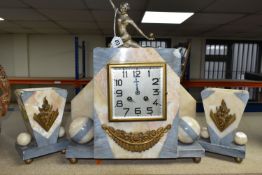 A FRENCH ART DECO CLOCK GARNITURE, grey and beige marble & onyx three piece clock garniture,