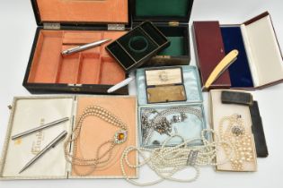 A BOX OF ASSORTED ITEMS, to include a small assortment of imitation pearl necklaces, a 'Ronson'