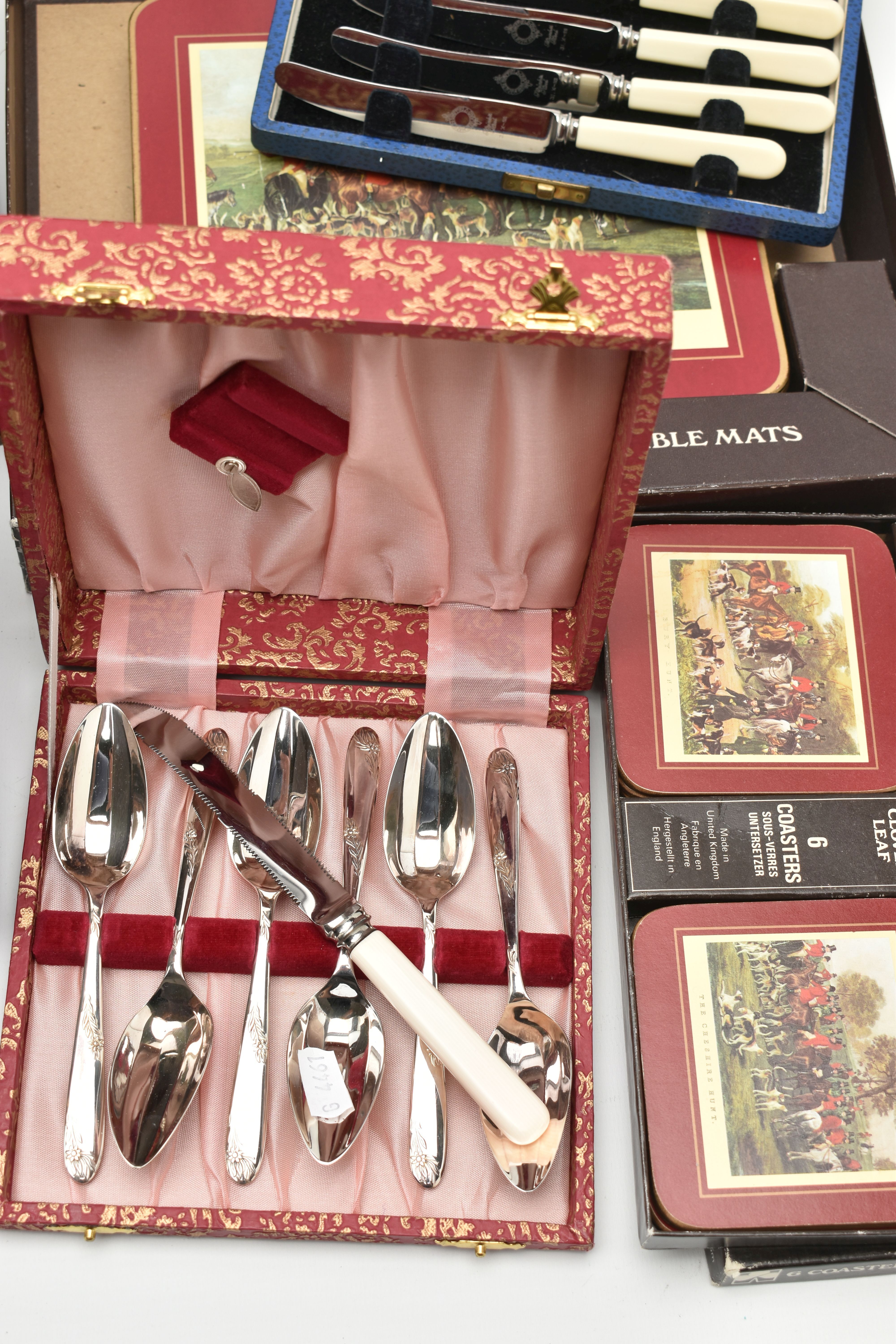 A CANTEEN OF EPNS CUTLERY AND FURTHER CUTLERY AND MATS, the wooden canteen with hinged lid and - Image 2 of 5