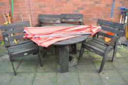 A HATTERSLEY KEIGHLEY HARDWOOD GARDEN TABLE, four matching chairs and parasol with base. (Table