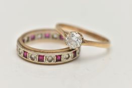 TWO GEM SET RINGS, the first a 9ct gold, single cubic zirconia set ring, pinched shoulders leading