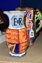 THREE BURLEIGH WARE JUGS, comprising a Royal Coronation 1953 Westminster Abbey commemorative jug,