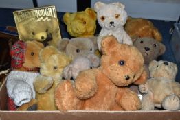 A BOX OF VINTAGE TEDDY BEARS ETC, to include a boxed Merrythought Virgin Atlantic bear marked 2000