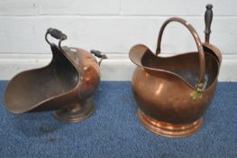 TWO COPPER COAL SCUTTLES, larger with a copper scoop (condition report: general signs of usage) (2)