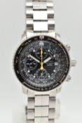 A SEIKO FIGHTMASTER ALARM CHRONOGRAPH WRISTWATCH, the black dial, with illuminous infill hourly