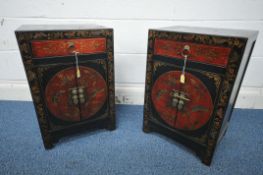 A PAIR OF CHINESE STYLE BLACK AND RED FINISH CABINETS, with a single drawer and two cupboard