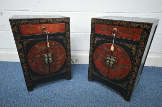 A PAIR OF CHINESE STYLE BLACK AND RED FINISH CABINETS, with a single drawer and two cupboard