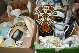 FOUR BOXES OF ASSORTED CERAMICS ETC, to include an Abbeydale plate with hand written names, a mid-