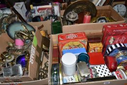 SIX BOXES OF ASSORTED SUNDRY ITEMS ETC, to include brass ornaments, horse brasses, brass trays, etc,