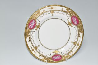 A MINTON PATE SUR PATE PLATE, PATTERN H5325, DECORATED WITH THREE PANELS OF INSTRUMENTS ON A