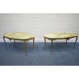 A PAIR OF ONYX AND BRASS OVAL COFFEE TABLES, bases with foliate detail on cabriole legs, length 98cm