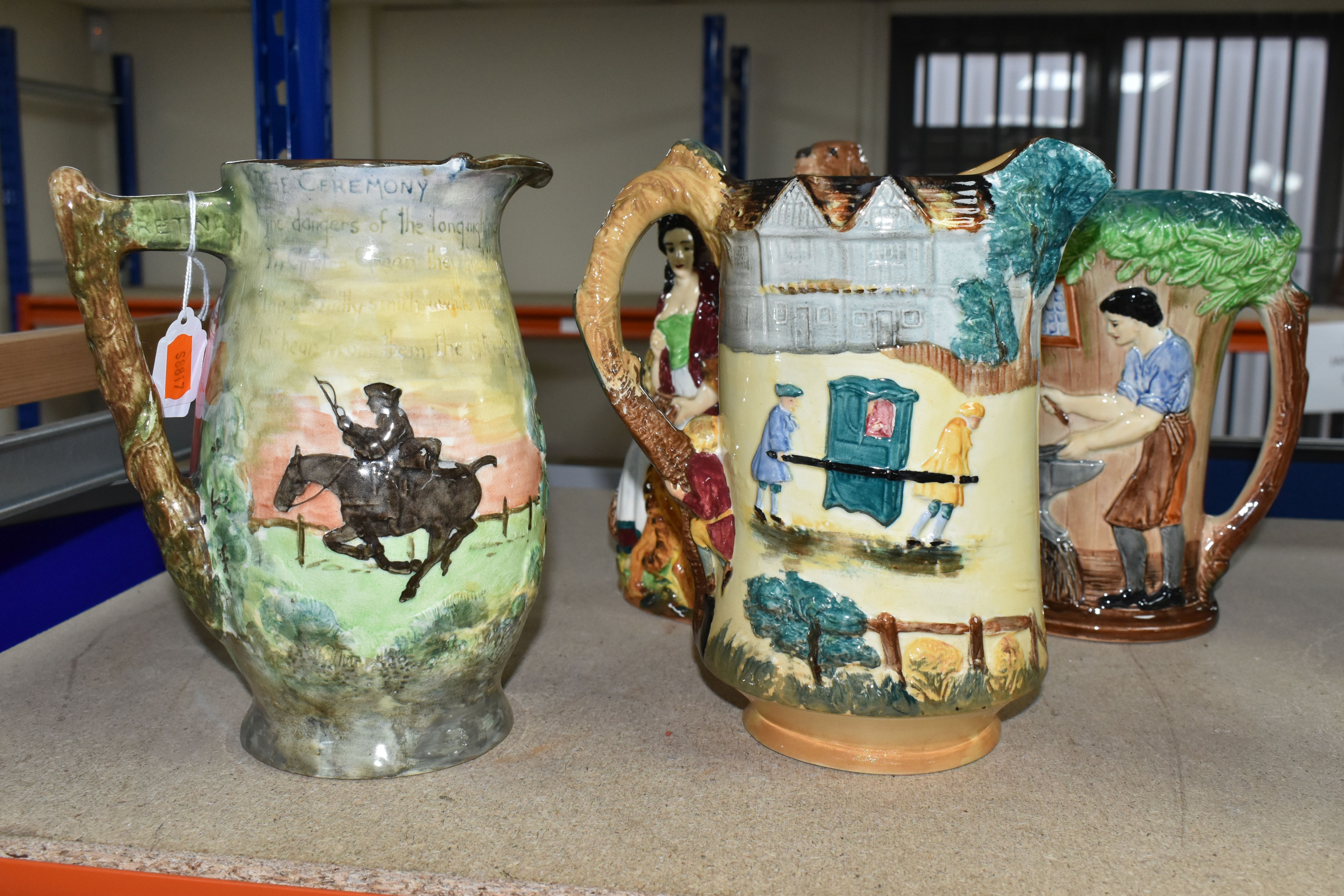 FOUR BURLEIGH WARE JUGS/PITCHERS, comprising 'Old Feeding Time' with a dog handle, 'The Village - Image 6 of 10