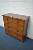 A 19TH CENTURY WALNUT CHEST OF TWO OVER THREE LONG DRAWERS, turned handles, on bulbous legs and