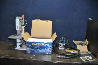 A WORKZONE BANDSAW, Blower vac in box, a Router, a Palm Router in box, a angle finding level and a
