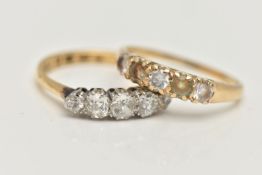 TWO GOLD GEM SET RINGS, the first an 18ct gold five stone diamond ring, claw set with old cut
