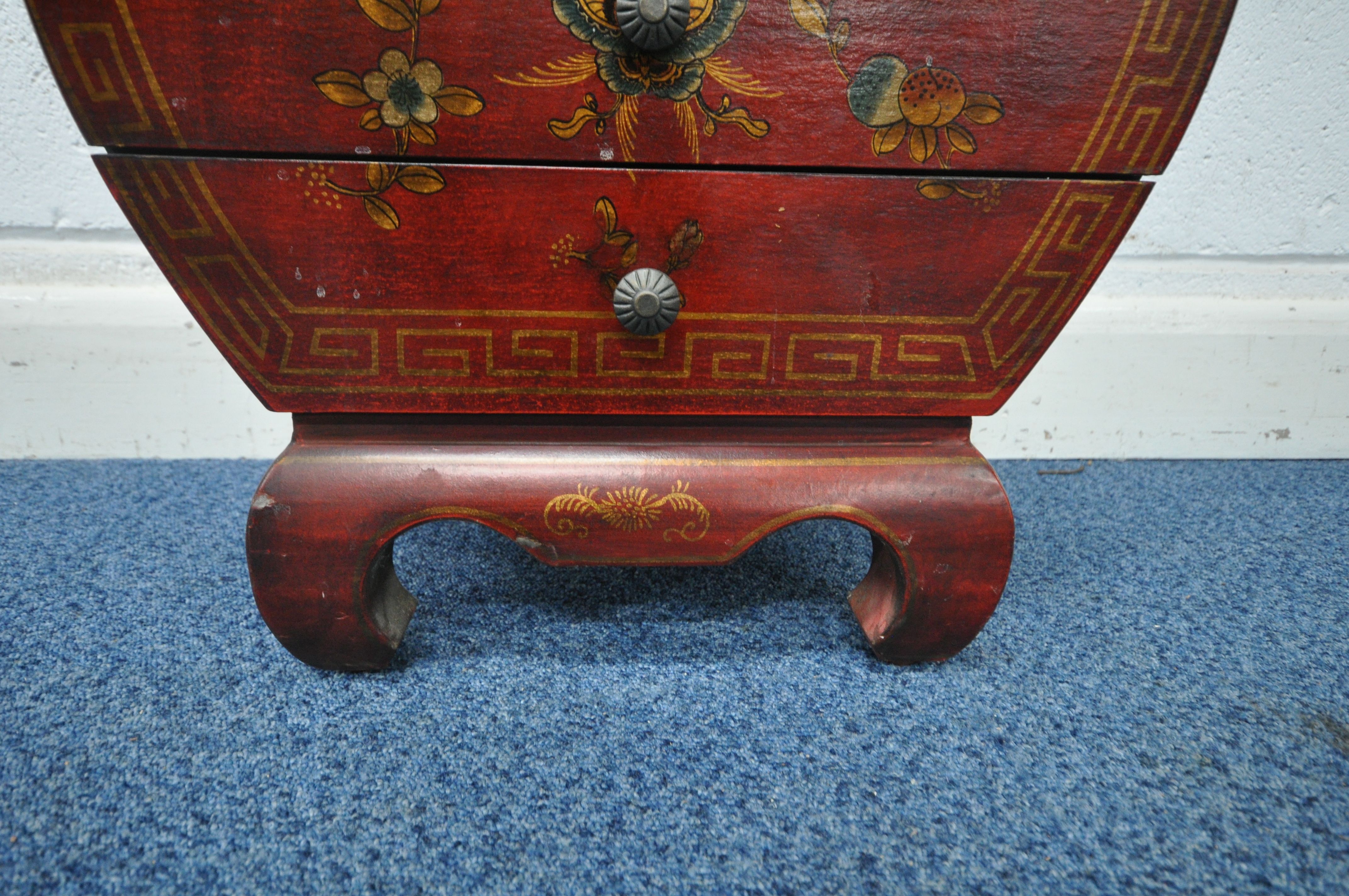 A CHINESE STYLE RED FINISH CHEST OF SEVEN DRAWERS, decorated in the chinoiserie taste with foliage - Image 4 of 6